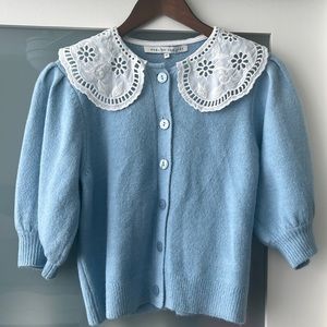 English Factory - contrast light blue cardigan with white collar
